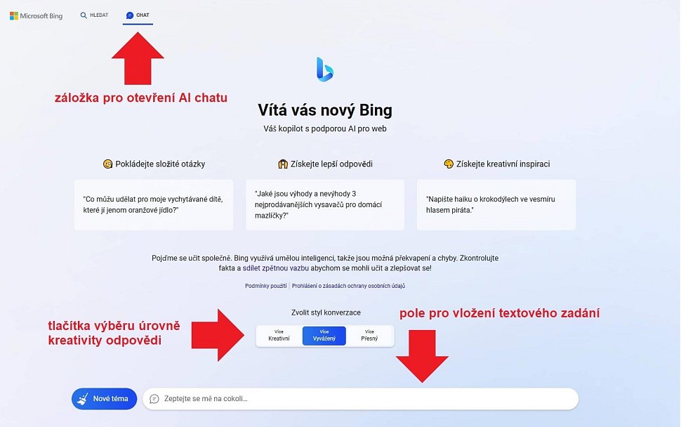 Bing AI chatbot uživatelské rozhraní
