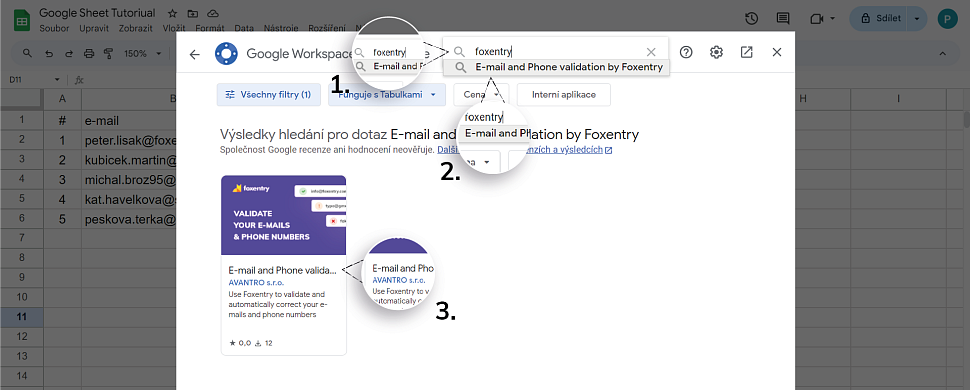 Vyhledání doplňku Foxentry v Google Sheets