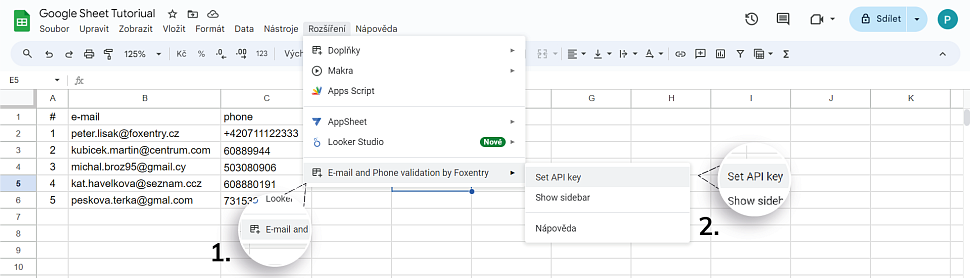 Výběr možnosti Set API key v menu