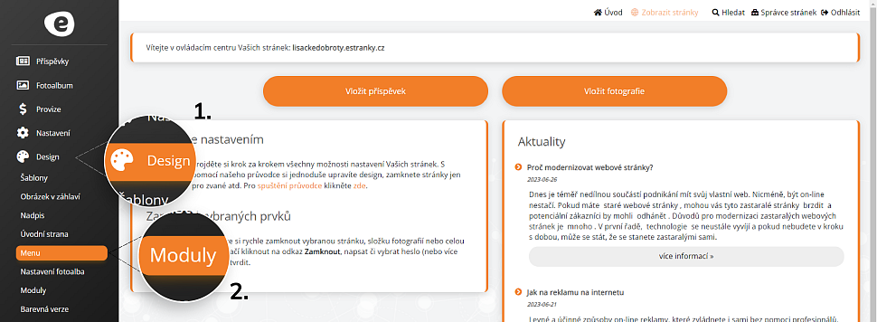 Výběr modulů v administraci eStránky