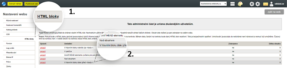 Výběr HTML bloku pro úpravu v NetStránkách