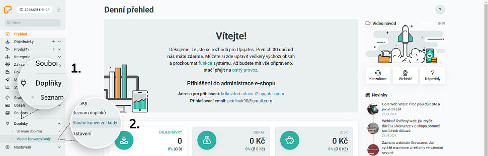 Navigace v administraci Upgates