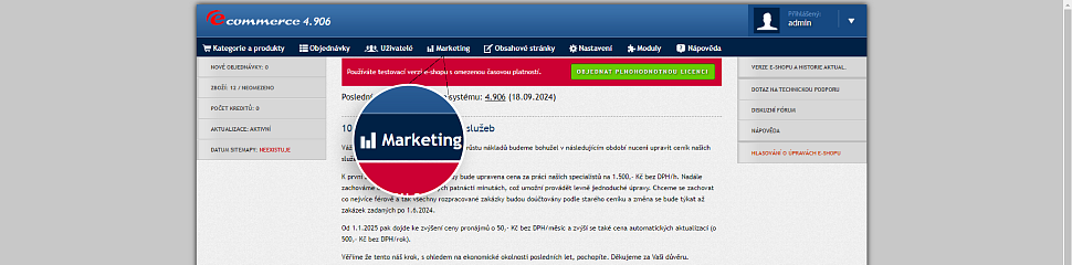 Záložka Marketing v administraci WEBCzech