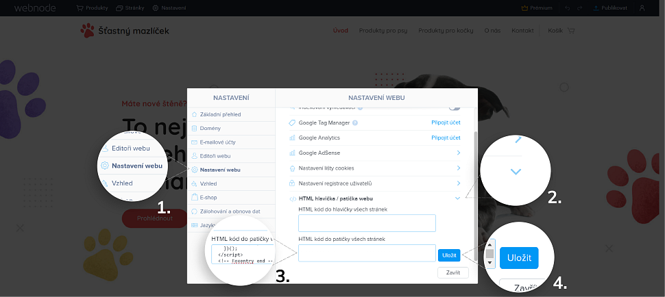 Vložení kódu do patičky a uložení ve Webnode