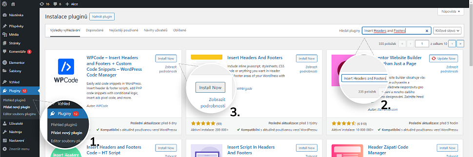 Vyhledání a instalace pluginu WPCode ve WordPressu