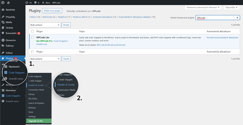 Navigace do nastavení Header a Footer