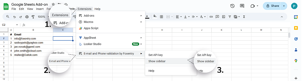 Otevření sidebaru Foxentry v Google Sheets