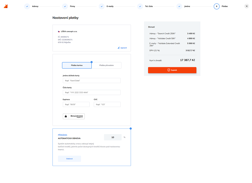 Nastavení platby a automatické obnovy