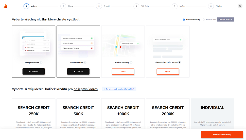 Výběr konkrétních služeb a velikosti balíčku