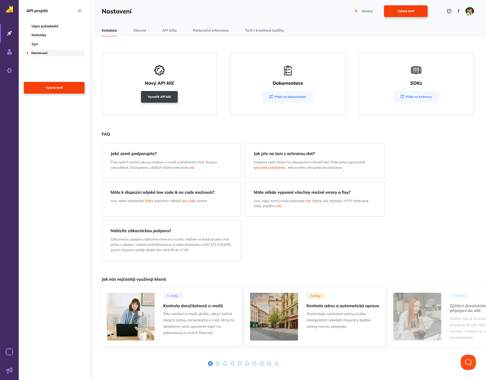 Rozhraní nastavení instalace pro API projekt