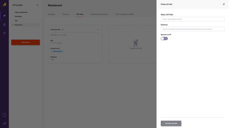 Formulář pro vytvoření nového API klíče v postranním panelu