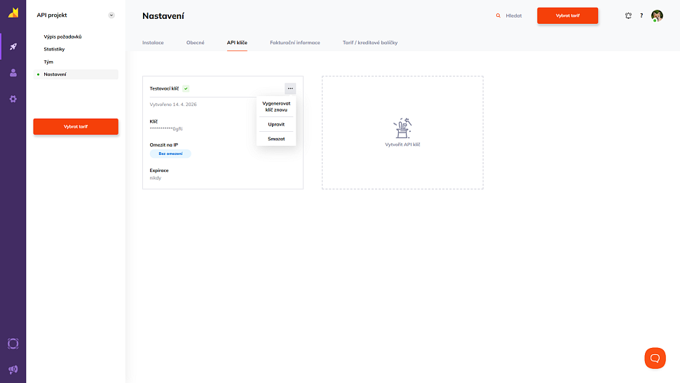 Záložka API klíče v nastavení projektu