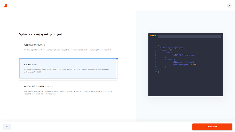 Ukázka nastavení API projektu v administraci Foxentry