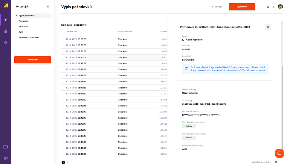 Detail konkrétního požadavku v administraci Foxentry