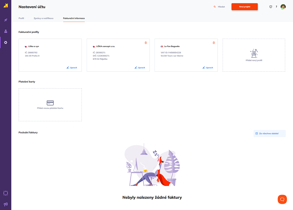 Přehled fakturačních profilů v administraci Foxentry