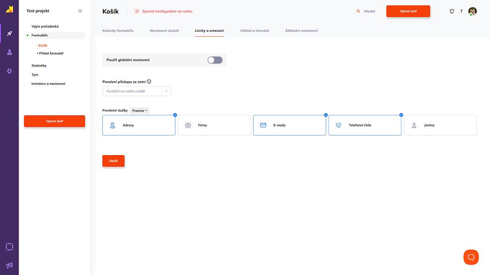 Nastavení limitů a omezení pro konkrétní formulář