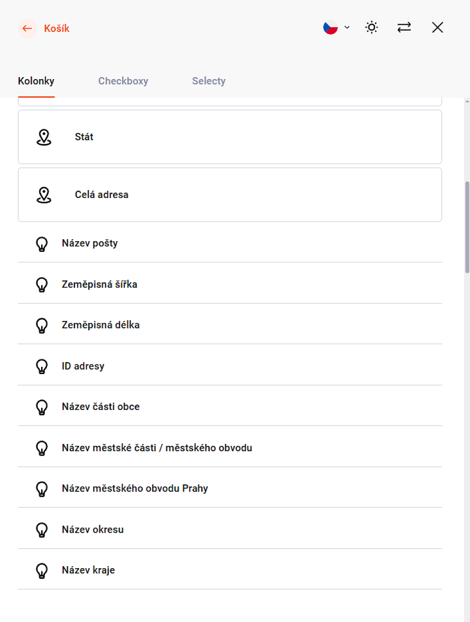 Manuální přidání kolonek v postranním panelu