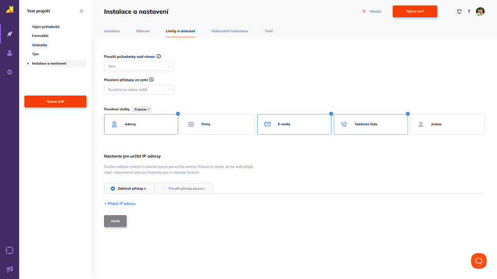 Celkový přehled nastavení limitů a omezení projektu Foxentry