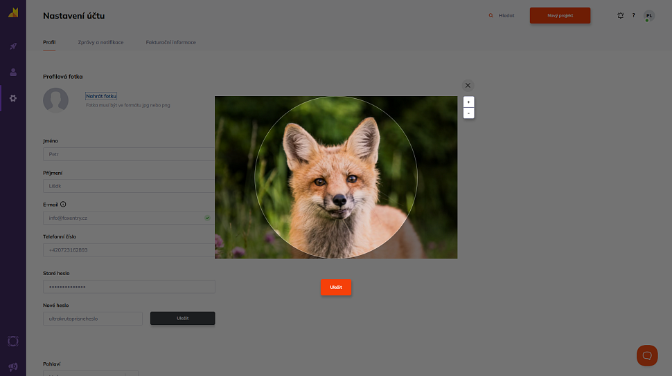 Ořezový editor profilové fotky v administraci Foxentry