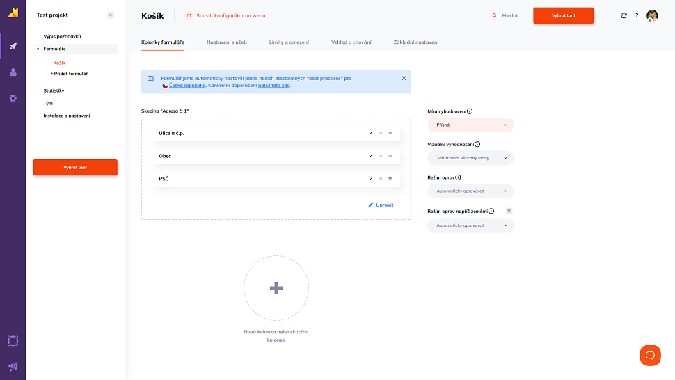 Přehled skupin adres s doporučeným nastavením a chováním