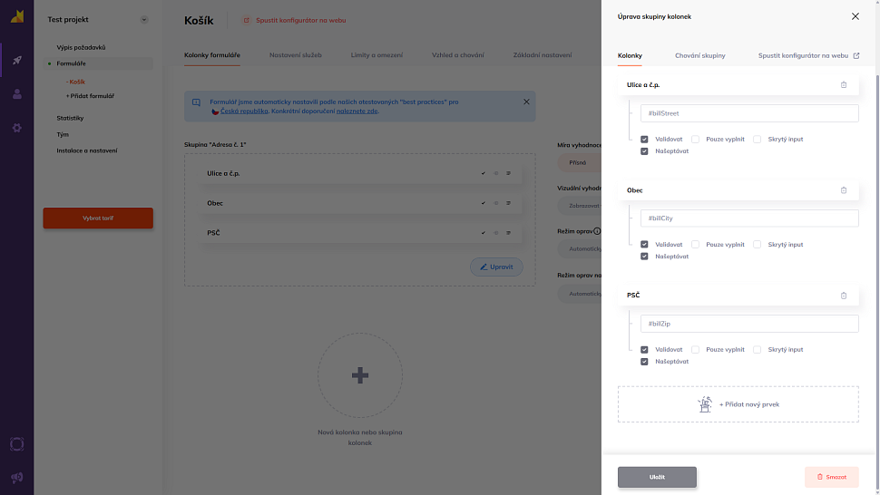 Detailní nastavení našeptávání a validace jednotlivých kolonek