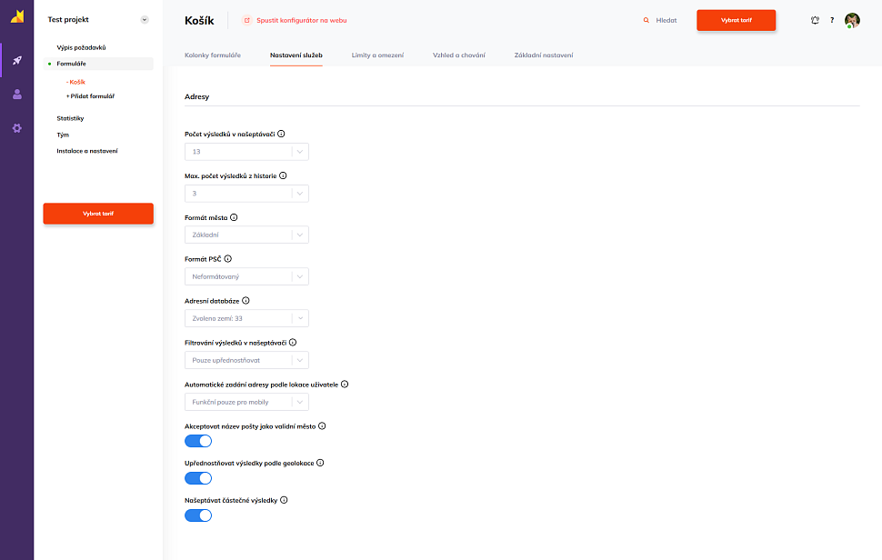 Detailní možnosti pokročilého nastavení služby Adresy