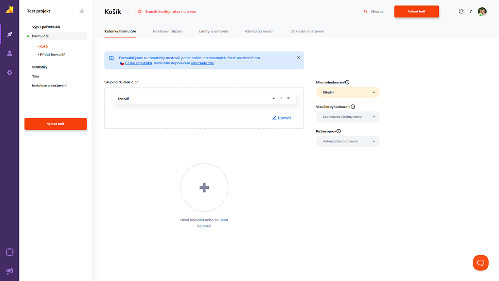 Přehled skupiny e-mailů s doporučeným nastavením