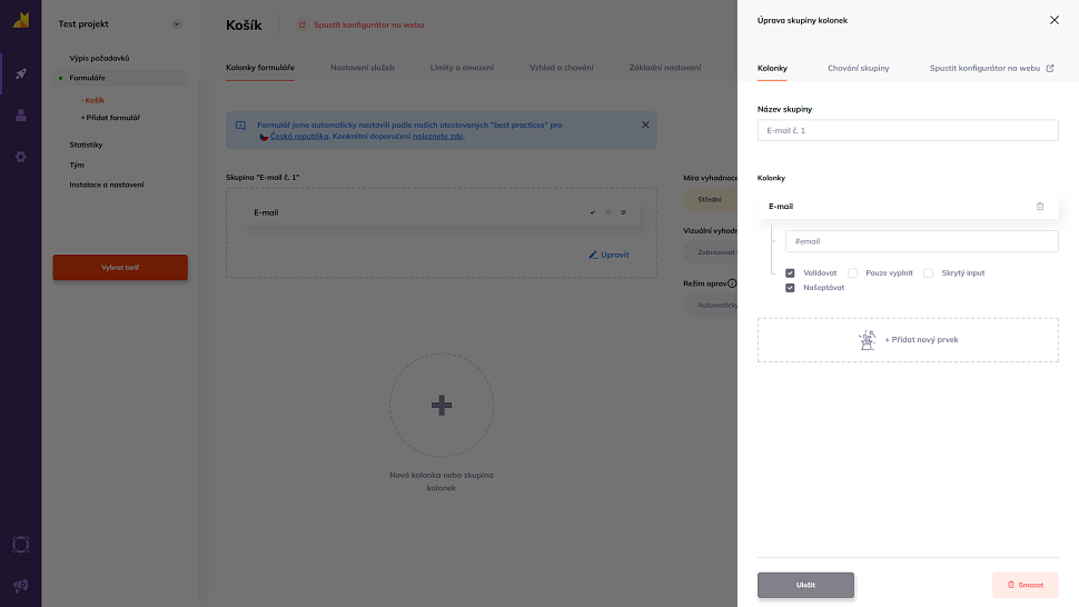Detailní nastavení našeptávání a validace e-mailové kolonky