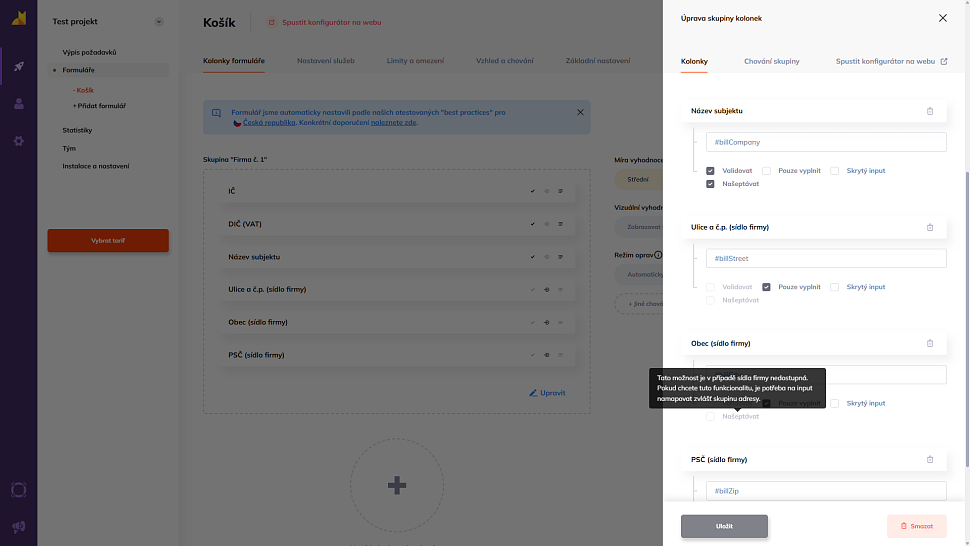 Detailní nastavení našeptávání a specifikum kolonek pro sídlo firmy
