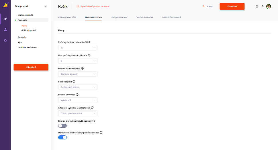Detailní možnosti pokročilého nastavení pro službu Firmy