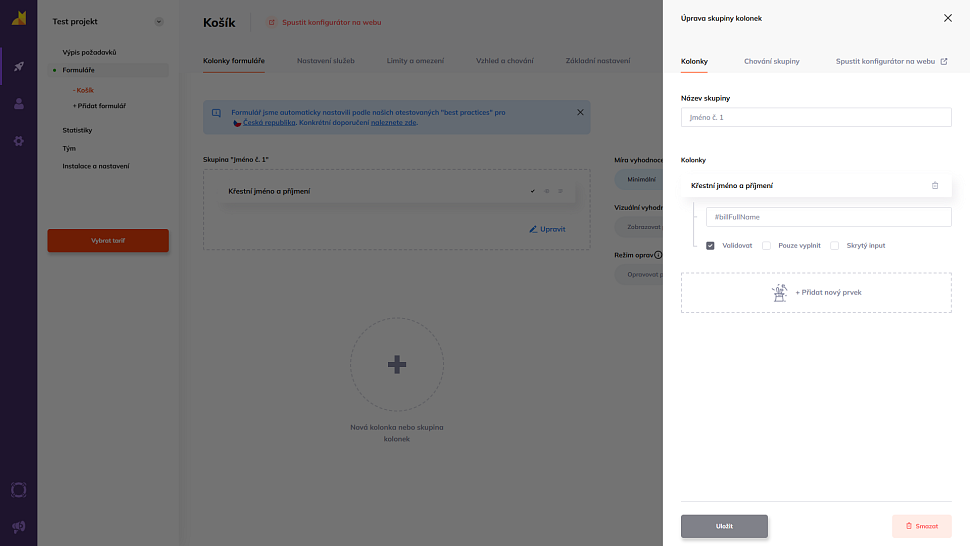 Detail mapování kolonek pro jméno a příjmení