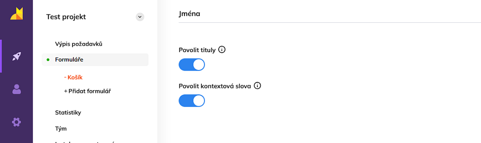 Možnosti nastavení titulů a kontextových slov