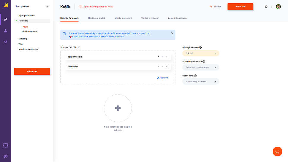 Přehled skupiny telefonních čísel s doporučeným nastavením