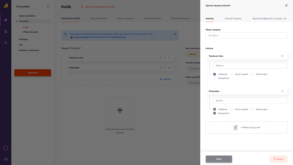 Detailní nastavení našeptávání předvoleb a validace čísla