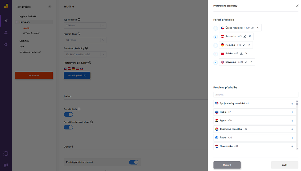 Nastavení priority zemí pro validaci čísel bez předvolby