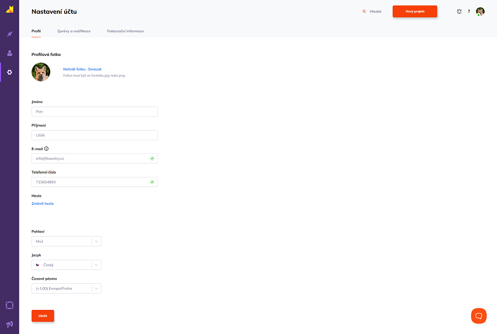 Celkový přehled nastavení uživatelského účtu ve Foxentry