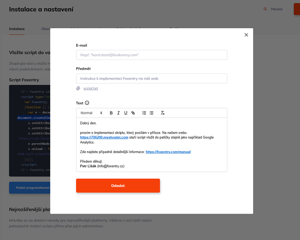 Formulář pro odeslání instrukcí k instalaci programátorovi