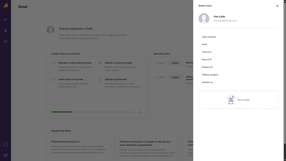 Osobní menu s odkazem na fakturaci