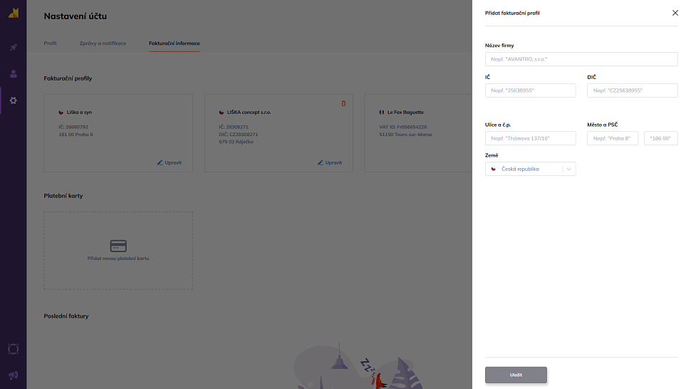 Formulář pro přidání nového fakturačního profilu ve Foxentry