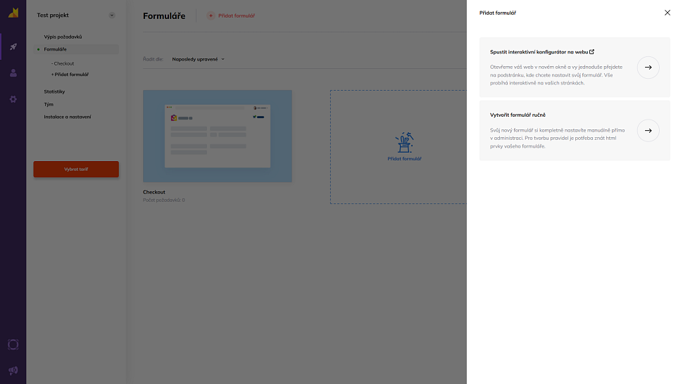 Výběr metody přidání formuláře do projektu