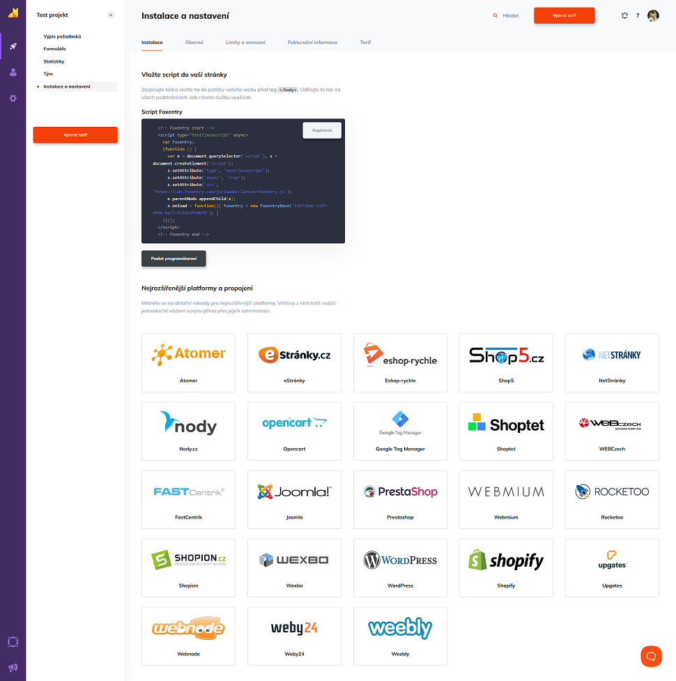 Získání instalačního skriptu Foxentry a přehled platforem