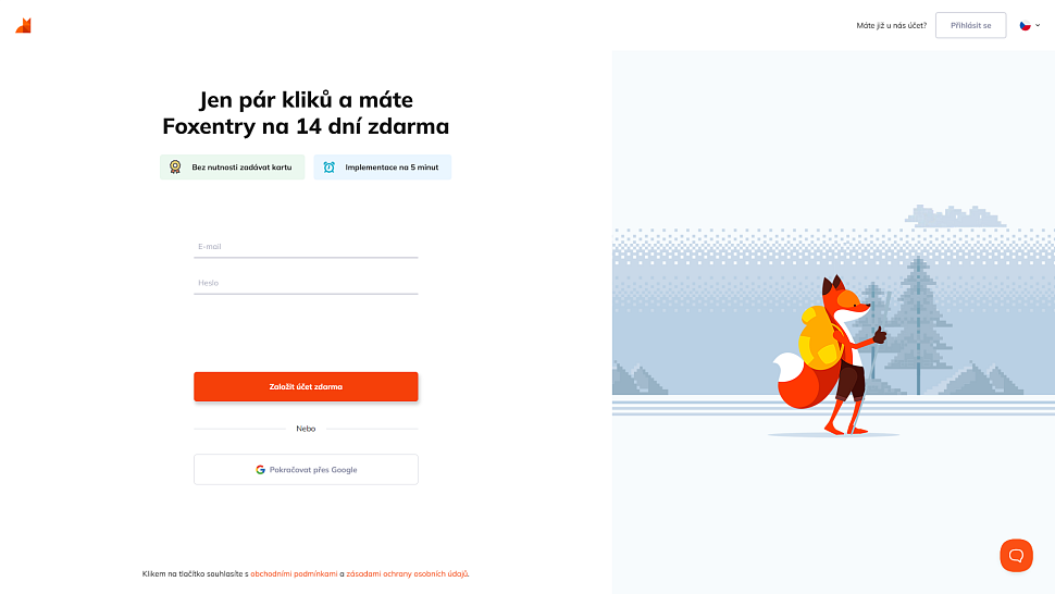 První krok registrace Foxentry: Zadání e-mailu a hesla