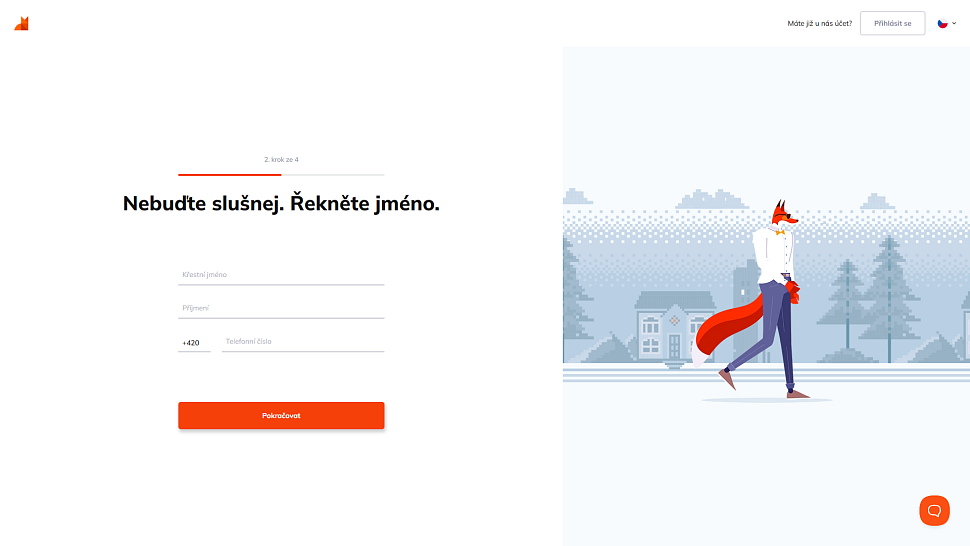 Druhý krok registrace: Zadání osobních údajů a telefonu