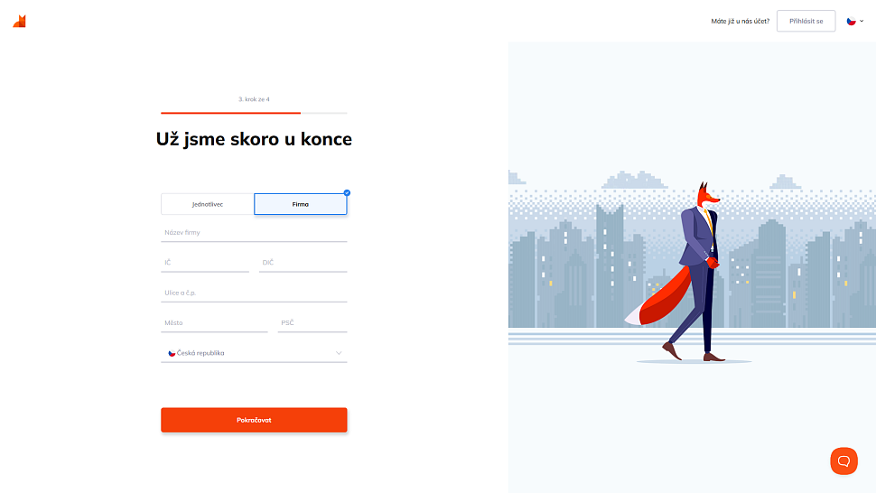 Třetí krok registrace: Výběr typu účtu a zadání fakturačních údajů
