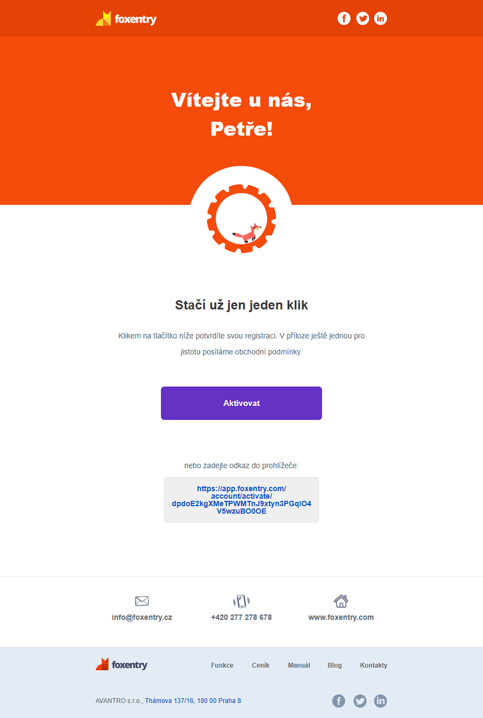 Ukázka aktivačního e-mailu od Foxentry s tlačítkem pro aktivaci účtu