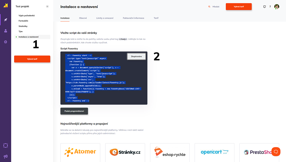 Ukázka administrace Foxentry – sekce Instalace a nastavení