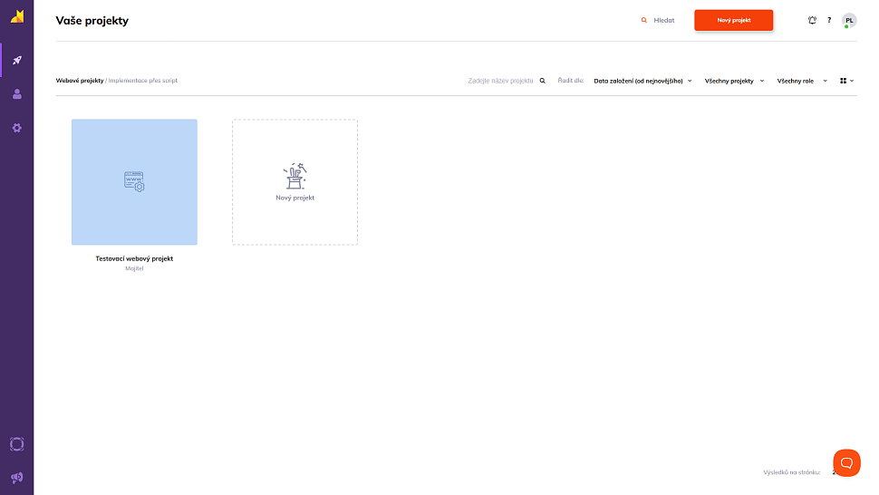 Výpis všech projektů v administraci