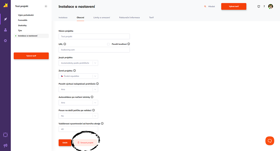 Odkaz pro smazání projektu v obecném nastavení