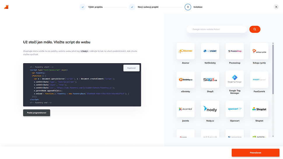 Univerzální kód pro instalaci Foxentry na web a výběr platforem