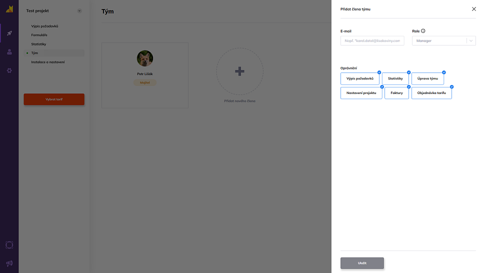Nastavení oprávnění pro nového člena týmu